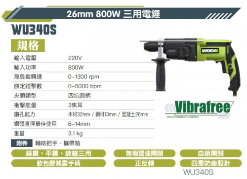 WORX WU340S 26mm 800w三用電錘